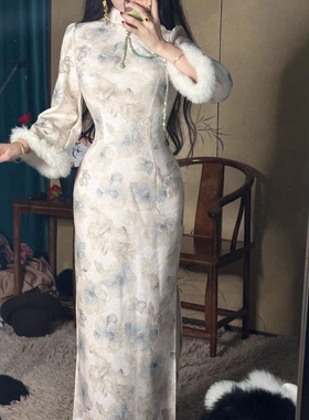 2025中式国风新款改良温柔秋冬款日常加厚倒大袖旗袍连衣裙 蓝茶