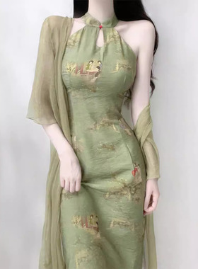 春夏原创新中式古典挂脖连衣裙清冷绿色改良旗袍