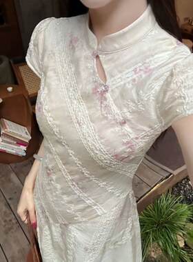 2025春夏新款绝美气质长裙【粉黛】新中式碎花改良旗袍连衣裙女