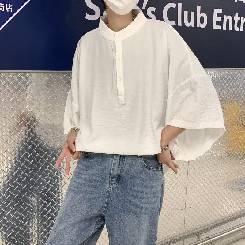 法式衬衫男短袖夏季薄款设计感小众蝙蝠袖韩系套头衬衣七分袖polo