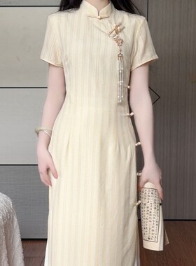 抹茶2025年夏季新款改良旗袍斜襟条纹短袖气质盘扣日常修身连衣裙