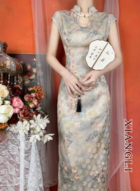 复古新中式改良旗袍夏装少女国风提花修身气质镂空开叉修身连衣裙