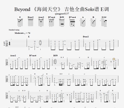 Beyond名曲《海阔天空》改编吉他Solo谱E调全曲完整 伴奏 谱 视频