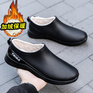 加绒保暖雨鞋男款一体绒防水鞋时尚胶鞋防滑厚底雨靴平底厨房冬天