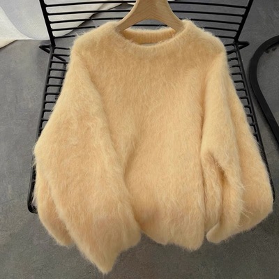 小鸡奶fufu芝士黄色羊绒毛衣女秋冬加厚手工刷毛羊驼毛圆领针织衫