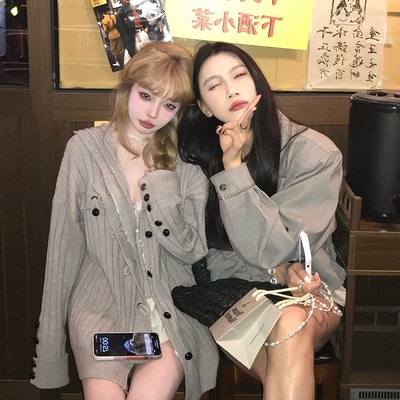 Suuuicee 常春藤日记灰色慵懒风毛衣女连帽宽松针织外套