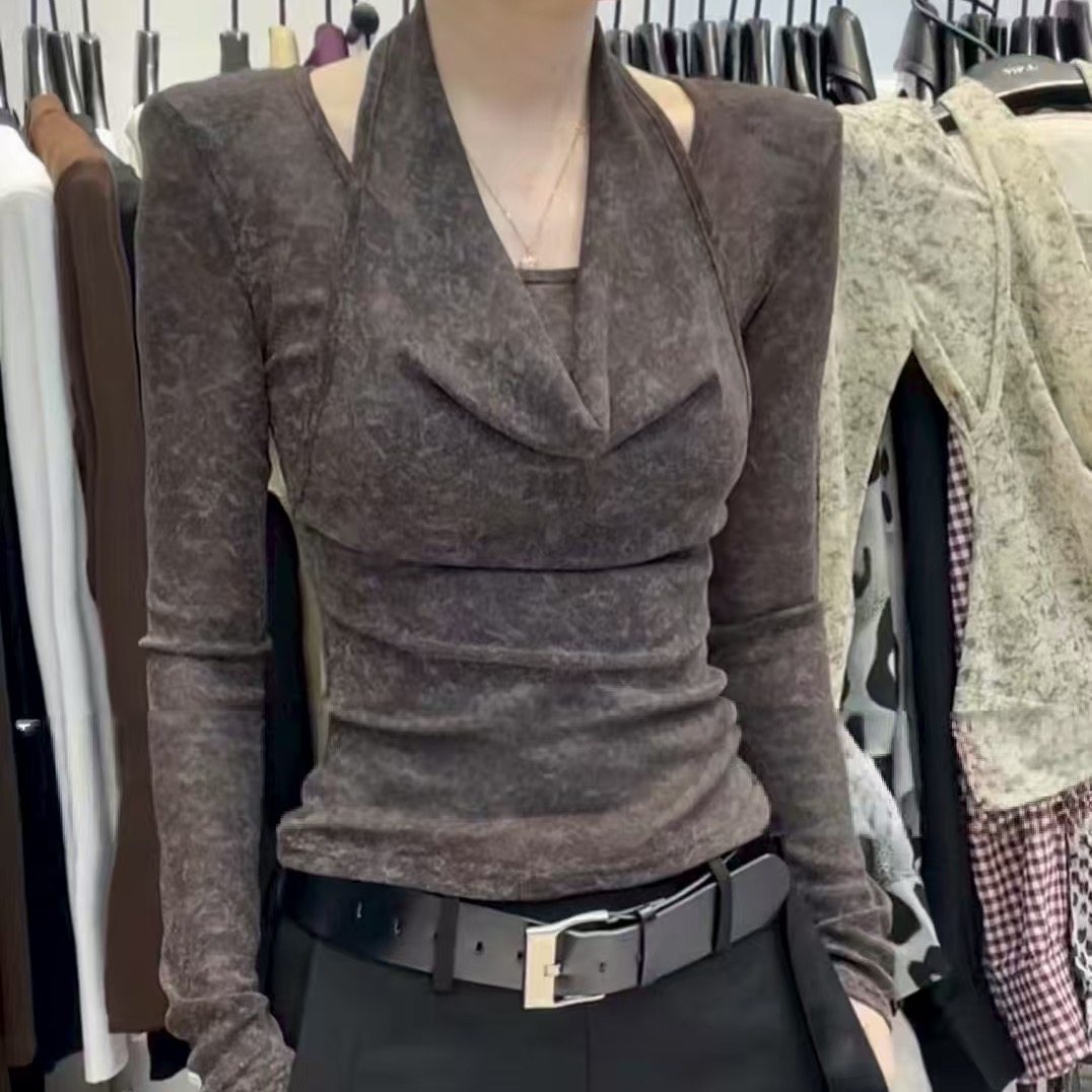 今年流行爆款挂脖堆堆领拼接长袖T恤女2025秋季新款洋气套头上衣