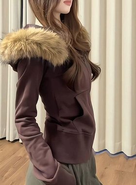 S002#纯棉华棉毛领可拆卸加绒加厚毛领拉链开衫连帽卫衣女