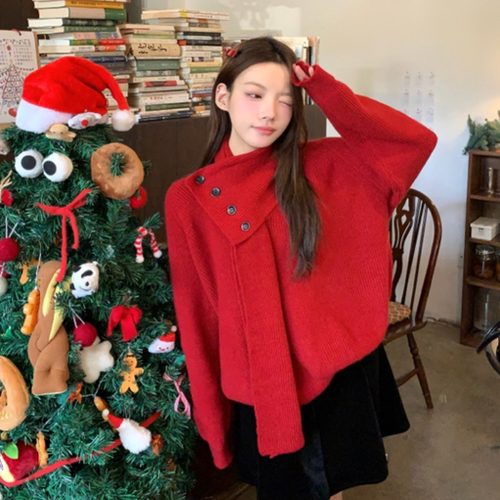 北极绒洗水新年红色氛围感围巾毛衣女202秋冬宽松显瘦针织上衣