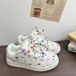 青岛福客来女鞋代工厂仙豆彩虹格帆布板鞋女秋季透气厚底小白学生