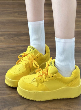 青岛福客来女鞋代工厂2026年春夏新款柑黄色厚底休闲系带板鞋女学