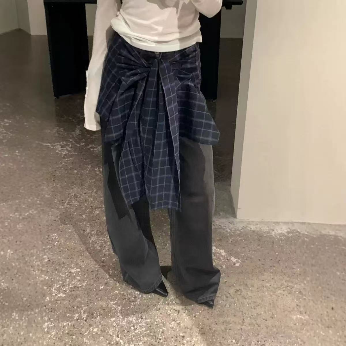 GL 意法 复古水洗黑磨毛绒直筒阔腿牛仔裤配屁帘