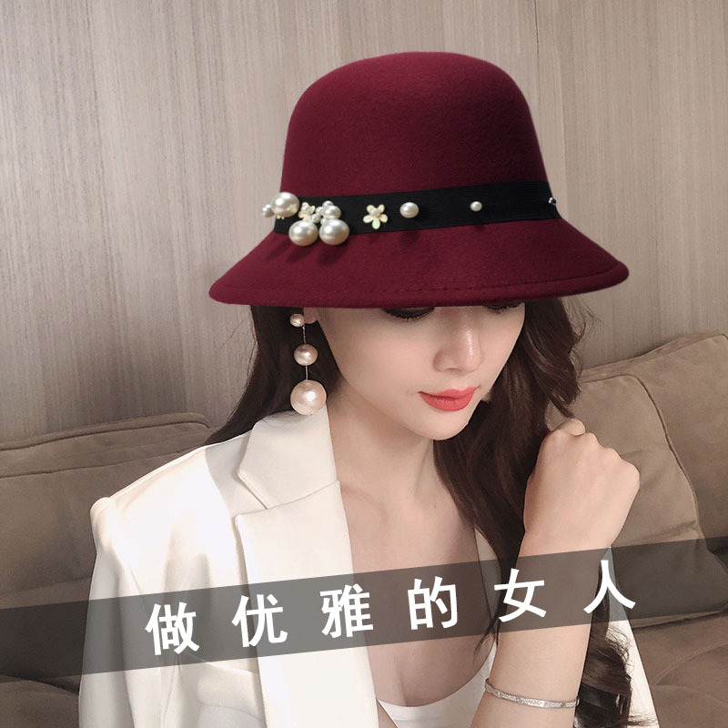 秋冬法式珍珠礼帽毛呢盆帽女名媛风圆顶遮阳帽太阳帽洋气时尚帽