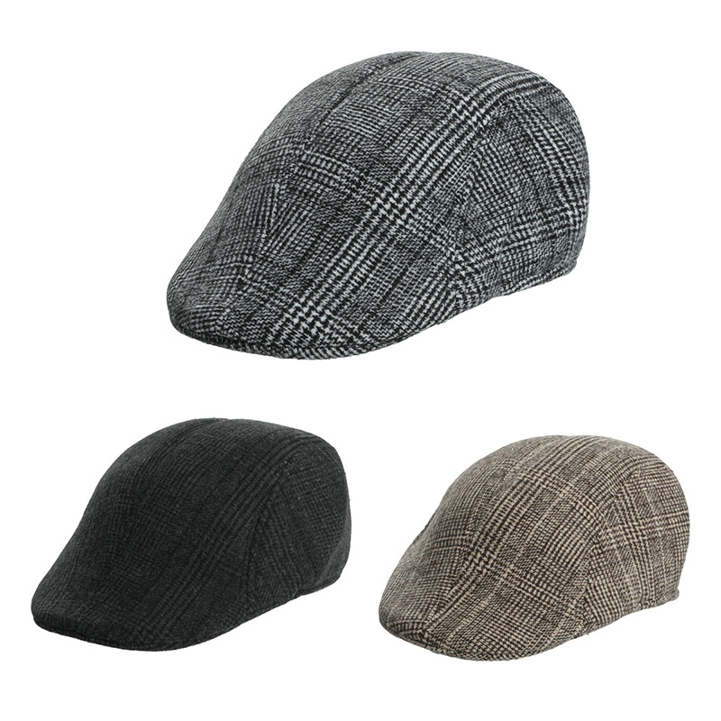 秋冬季鸭舌帽 大格子拉毛格贝雷帽导演帽中老年男帽爷爷帽子冬帽