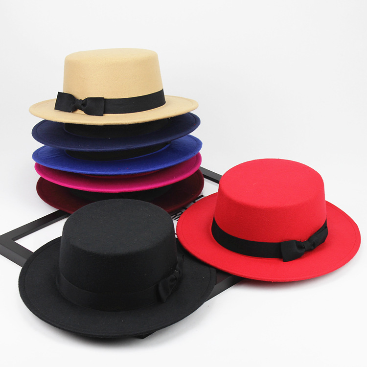 英伦黑色毛呢帽男士时尚韩版潮休闲百搭舞台帽子男演出平顶礼帽女