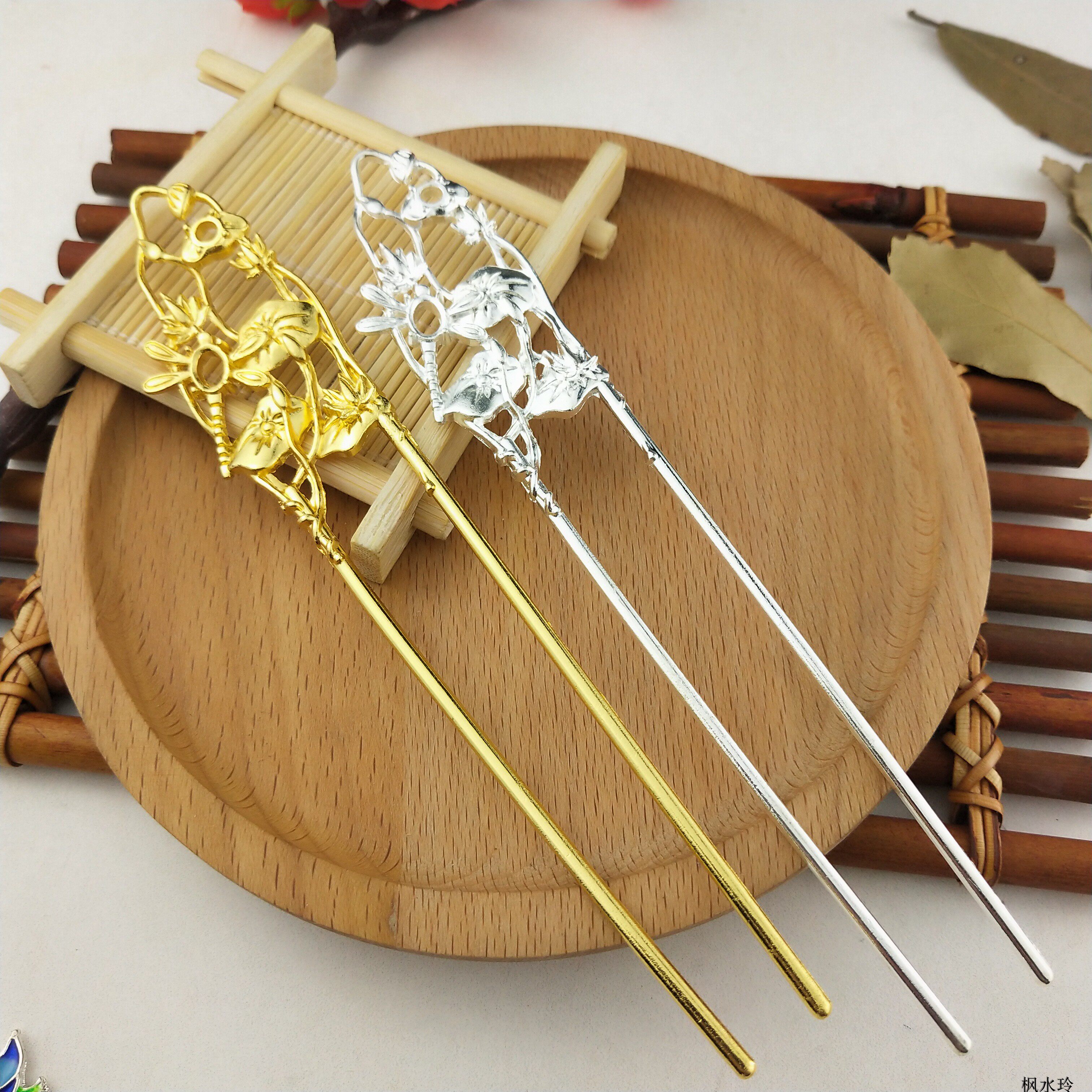 166# 152mm合金荷叶蜻蜓发簪 diy手工制作古典古风步摇发饰材料