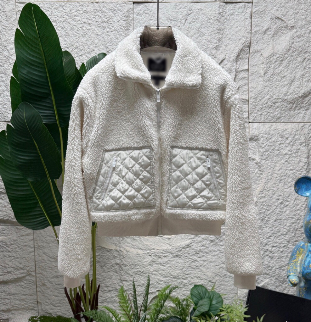 女士羊羔绒翻领短款加厚拉链外套冬季休闲棉衣棉服夹克菱格拼接