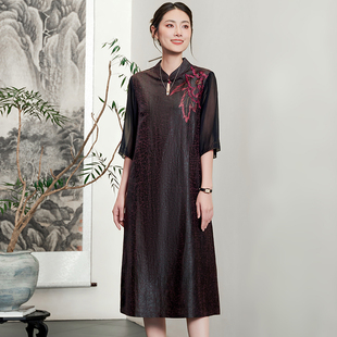 聲雨竹新品 釘珠刺繡桑蠶絲裙子媽媽 真絲香云紗連衣裙中老年人女裝