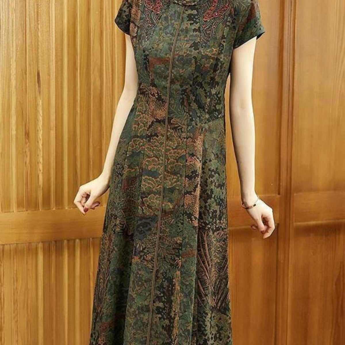 声雨竹香云纱桑蚕丝妈妈夏装新款短袖连衣裙中老年女洋气国风裙子