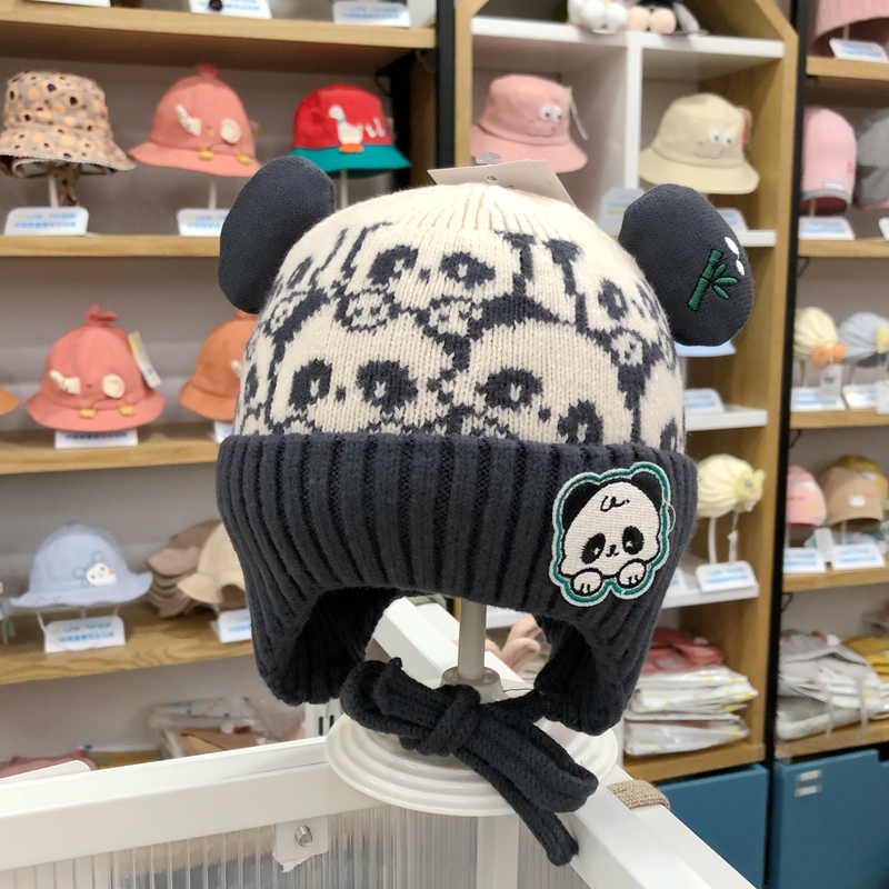 秋冬季婴儿护耳帽卡通熊猫毛线帽