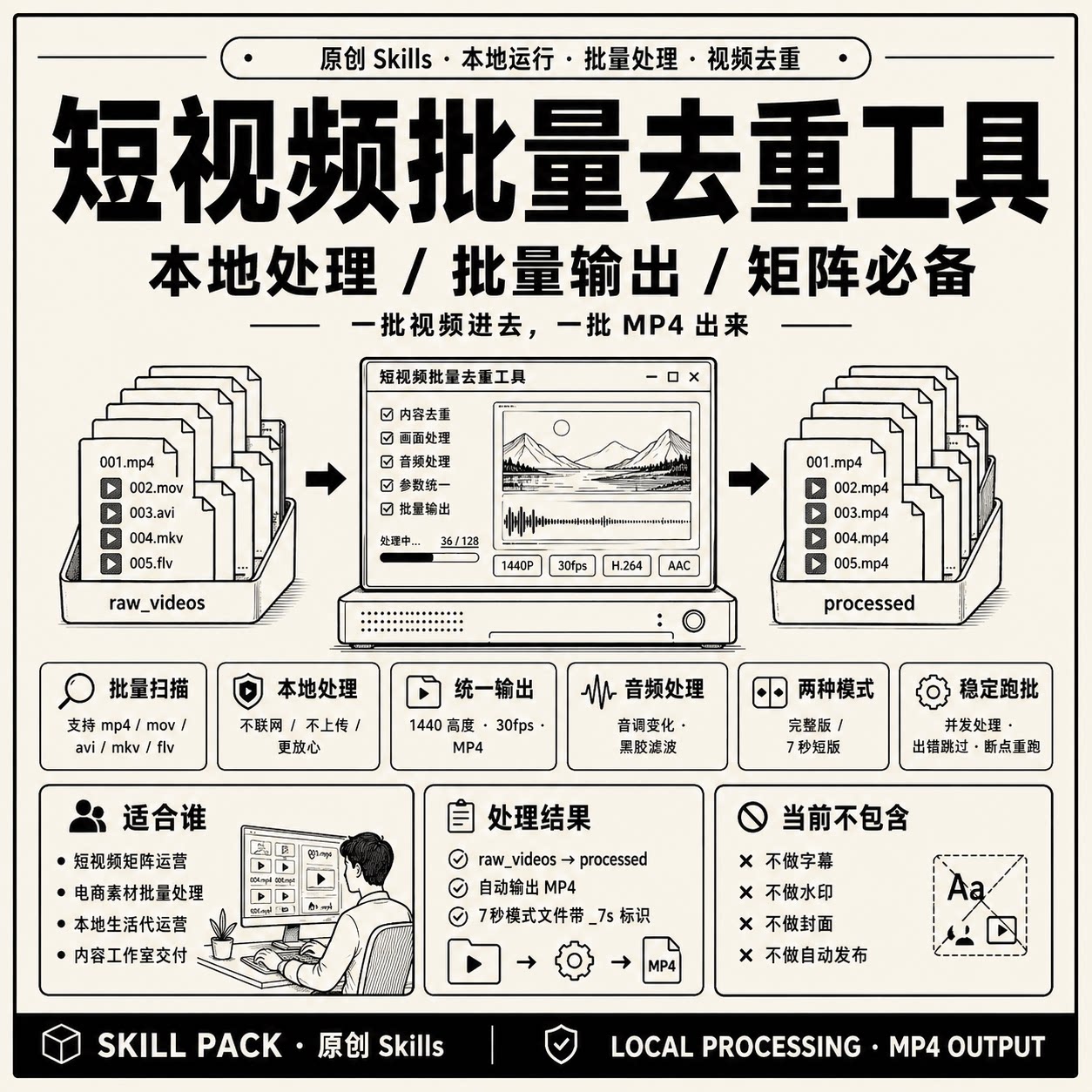短视频批量处理skills 本地转码统一规格 矩阵素材输出MP4