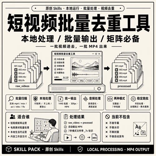 短视频批量处理skills 本地转码统一规格 矩阵素材输出MP4
