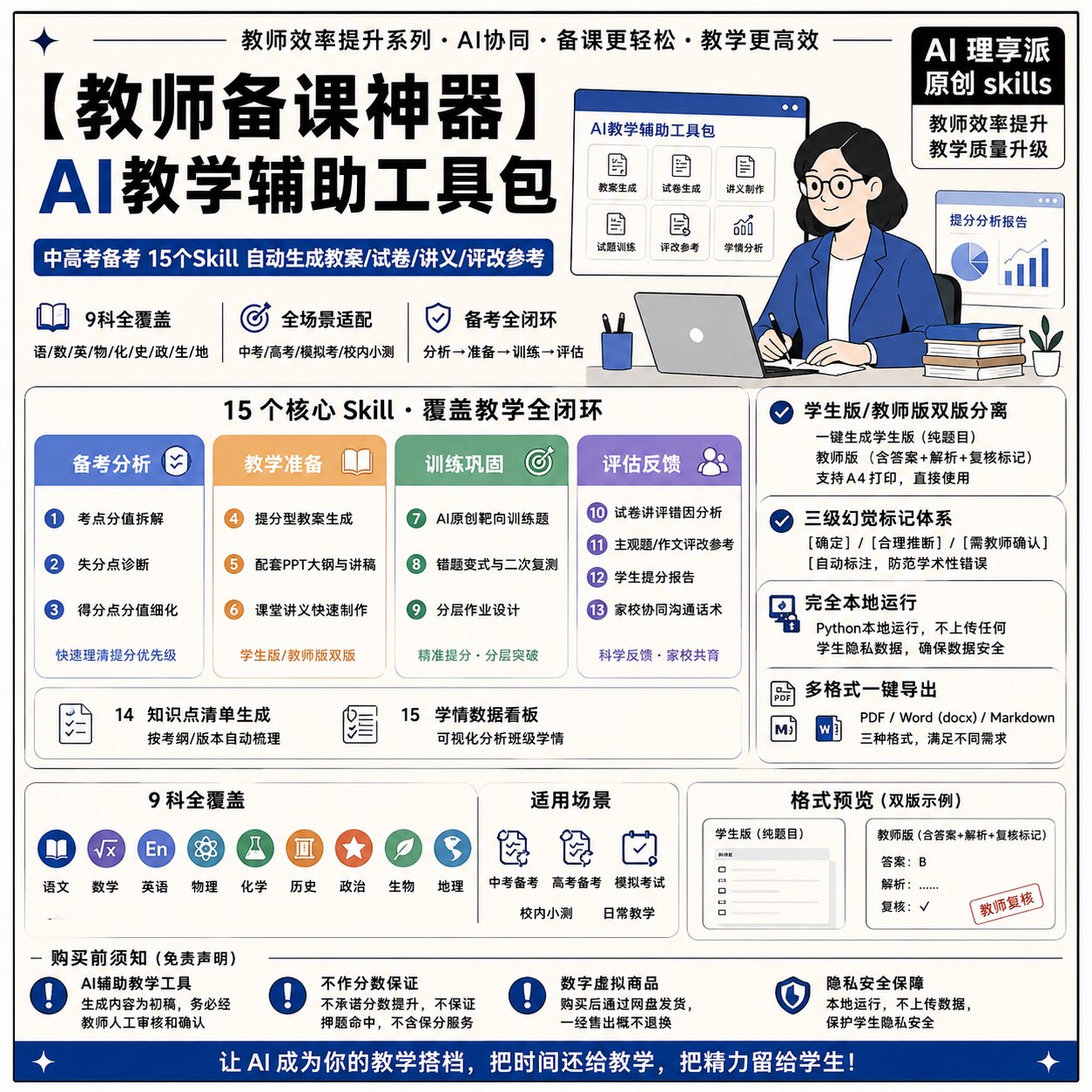教师备课AI工具包 15个Skill教案试卷讲义生成 本地运行 自动发货
