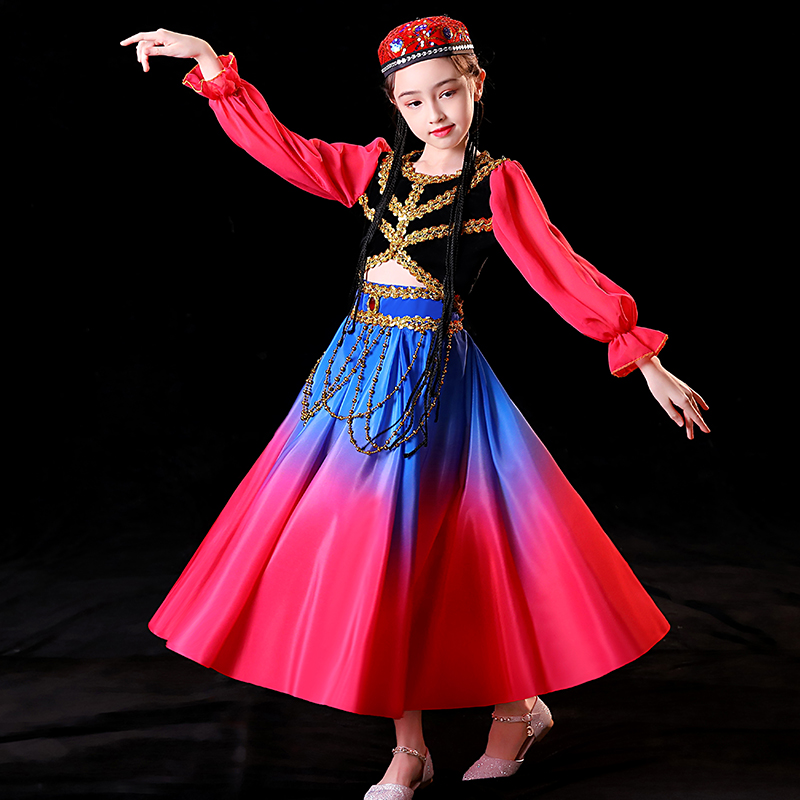 新款儿童新疆维吾尔族古丽舞蹈演出服女童维吾尔族表演服塔塔尔族