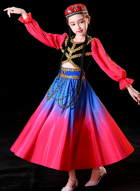 新款儿童新疆维吾尔族古丽舞蹈演出服女童维吾尔族表演服塔塔尔族