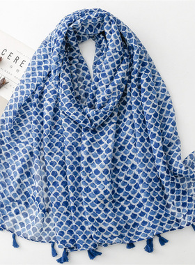 棉麻手感围巾小清新绿色蓝色鱼鳞几何流苏丝巾披肩女Scarf shawl