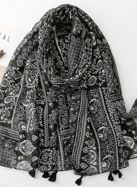 棉麻手感围巾复古名族风青花瓷蓝色小花流苏丝巾披肩Scarf shawl