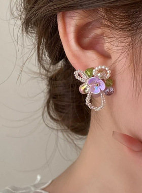 稚嫩少女感串珠紫色小花朵耳钉时髦精氧气美女百搭耳环高颜值耳饰