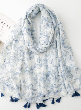 棉麻手感围巾小清新蓝色白底叶子花流苏丝巾披肩女Scarf shawl