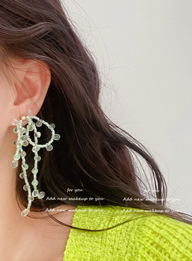 原创手工DIY耳饰品绿色小清新水滴蝴蝶结耳钉女小众时尚夏日耳环