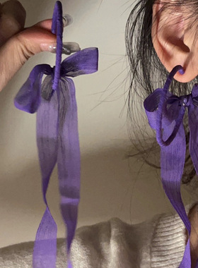 新款银针C形仙气飘带耳饰设计感绿色雪纺紫色蝴蝶结长款法式耳环