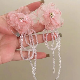 花粉~复古花朵水晶流苏耳环高级感仙气质小众设计度假风夸张耳饰