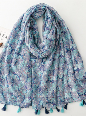 春夏国风服饰穿搭丝巾民族风蓝色石榴花卉防晒披肩女Scarf shawl
