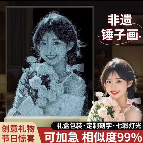 锤子玻璃画人像敲击画照片高级定制情侣生日礼物送朋友闺蜜送老婆