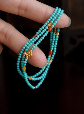 2025正宗小绿松石三圈多宝手链 4mm珠径原矿高瓷绿松手串 颜色干