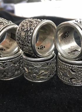 2025仿古做旧白铜镀银 镂空浮雕人物福寿双层转动扳指仿银扳指