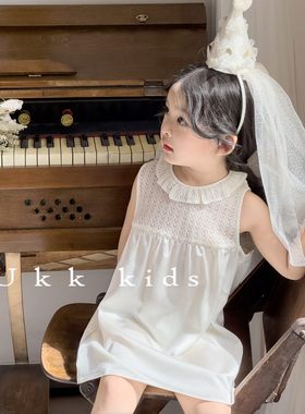 夏季女宝荷叶领针织拼接背心裙女童高级感连衣裙儿童生日礼服裙子