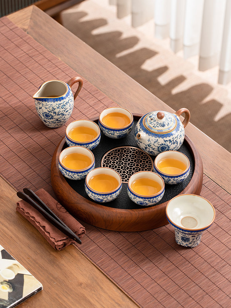 青花汝窑功夫茶具套装家用客厅高档一体轻奢茶壶喝茶陶瓷2024新款