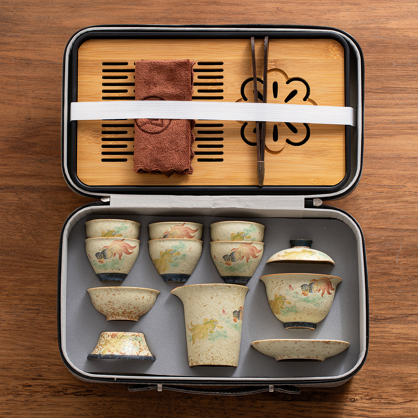 年年有鱼旅行茶具套装户外喝茶便携式收纳旅游泡茶装备盖碗茶杯