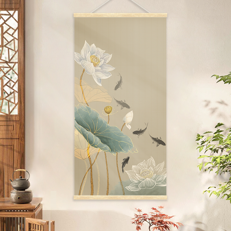 新中式荷花竹帘挂画客厅背景墙中堂玄关画茶室禅意卷轴竹艺装饰画