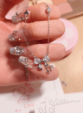 S925纯银蝴蝶结项链女生小众设计感高级闪镶钻星星锁骨链少女