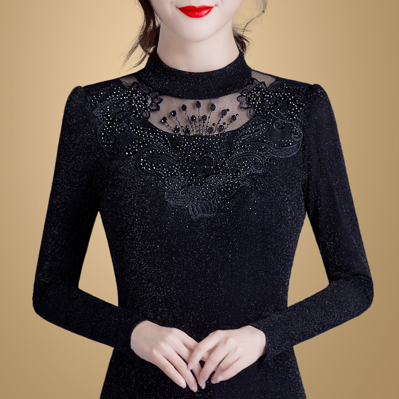 修身小衫2021秋冬新款加绒加厚网纱打底衫女长袖t恤保暖蕾丝上衣