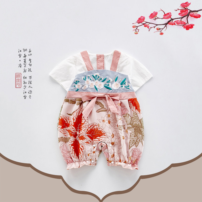 网红婴儿衣服夏装中国风哈衣薄款百天女宝宝外出连体衣满月公主服