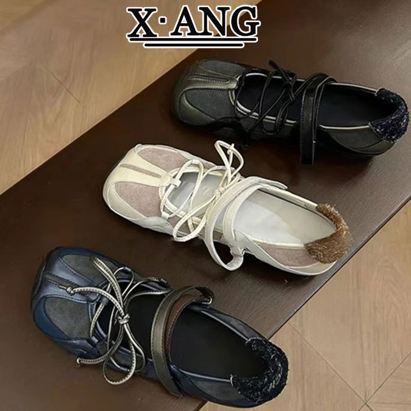 羊皮版~机能风运动方头芭蕾鞋女百搭交叉带魔术贴浅口玛丽珍单鞋