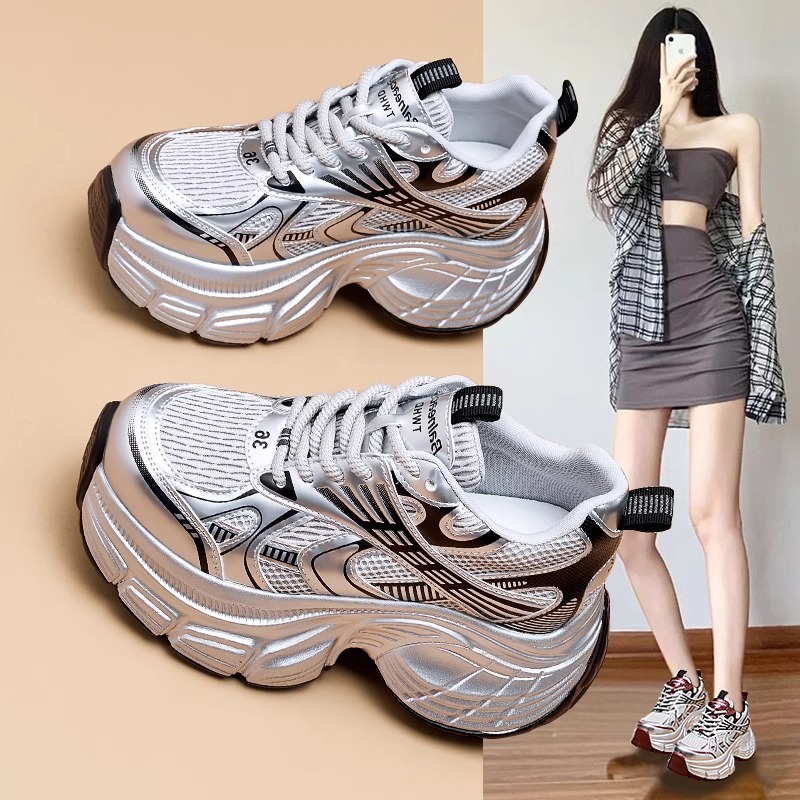 爆款松糕厚底老爹鞋女夏季小个子2025新款银色百搭休闲运动鞋