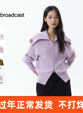 播紫色镂空设计羊毛拉链针织开衫女2025冬新款软糯上衣DDS4UD5141